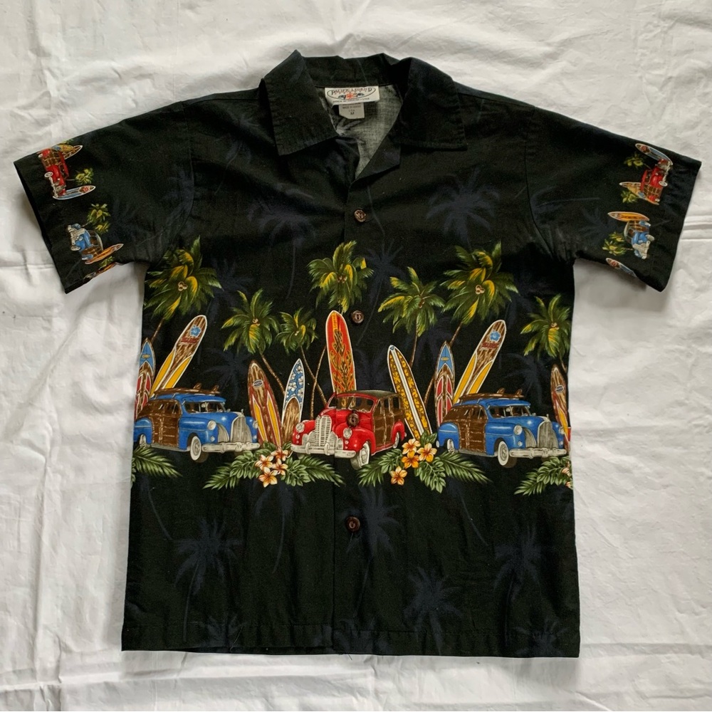 Pacific Legend Black Car Surfboard Print Hawaiian Button-Up Shirt Size Boy’s M
